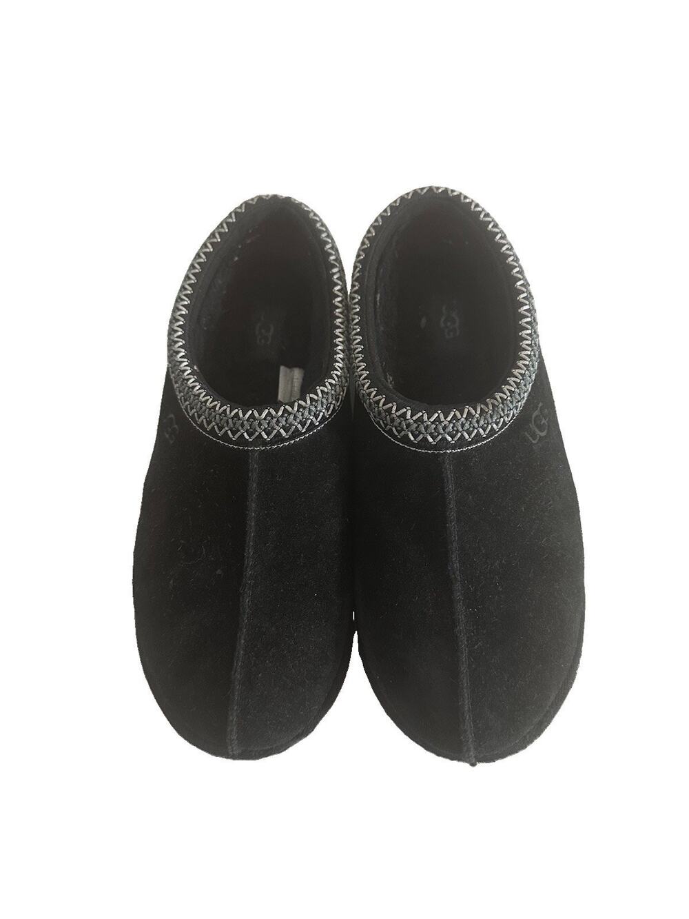 UGG Tasman Slippers Mens 8 Black Suede Mules Sheepskin Shearling Lined
